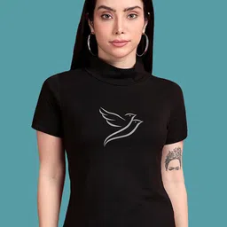 TWIN BIRDS Women Printed High Neck Pockets T-shirt-image-24