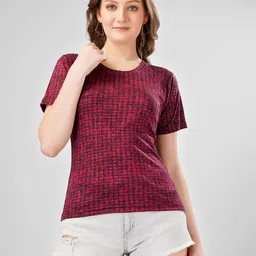 MIMID Women Checked Round Neck Cotton T-shirt-image-4