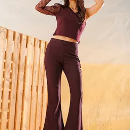 Freehand by The Indian Garage Co Women Flared High-Rise Chinos Trouser-image-59