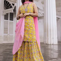 Lavanya The Label Women Yellow & Pink Printed Cotton Kurta with Sharara & With Dupatta-image-42
