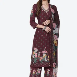 Biba Women Burgundy Ethnic Motifs Printed Kurta with Palazzos & With Dupatta-image-17