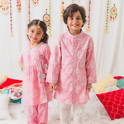 pspeaches Girls Pink Angrakha Pure Cotton Kurti with Trousers & With Dupatta-picture-0