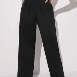 BROADSTAR Women Black Relaxed Straight Leg Loose Fit High-Rise Easy Wash Pleated Trousers-image-49