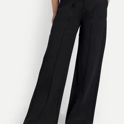 BROADSTAR Women Black Relaxed Straight Leg Loose Fit High-Rise Easy Wash Pleated Trouser-image-47
