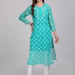 KHAKA Floral Embroidered Regular Chikankari Straight Kurta with Trousers-picture-34