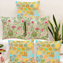 STITCHNEST Green & Yellow Set of 5 Floral Square Cushion Covers-picture-48