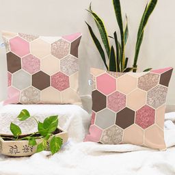 STITCHNEST Peach & Brown Set of 2 Geometric 24"X24" Square Cushion Covers-picture-29