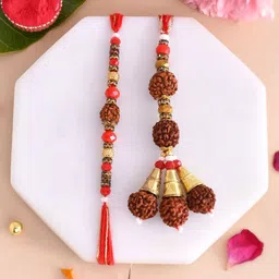 Aapno Rajasthan Rudraksh Bhaiya Bhabhi Rakhi with Roli Chawal & Greeting Card image 1