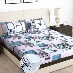 Story@home Arena Cream-Coloured & Purple 180 TC Fitted King Bedsheet & 2 Pillow Covers-picture-25