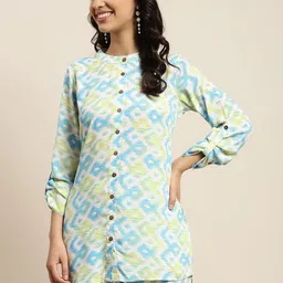 Shae by SASSAFRAS Women Blue & Green Ikat Print Mandarin Collar Roll-Up Sleeves Top-picture-39