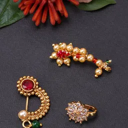 JEWELS GEHNA Set Of 3 Vilandi Gold-Plated & White CZ-Studded & Beaded Nosepins-picture-20