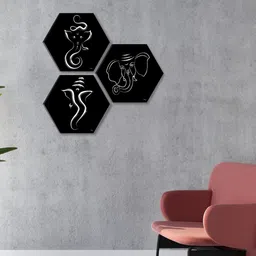 SAF Black & White 3 Pieces Lord Ganesha Printed Textured Self Adhesive Wall Painting-picture-32