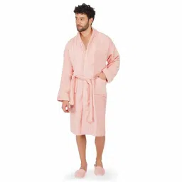 rangoli Peach Solid 100% Cotton Men Bathrobe With Slippers (XL)-picture-15