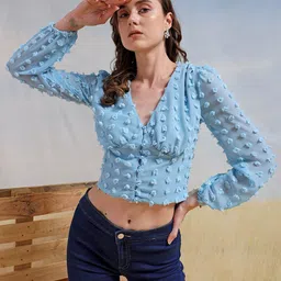 Freehand by The Indian Garage Co Self Design Puff Sleeve Blouson Crop Top-picture-18