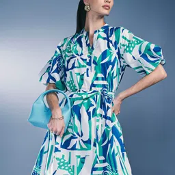 AND Mandarin Collar Puff Sleeves Tropical Print Blouson Cotton Dress-picture-31
