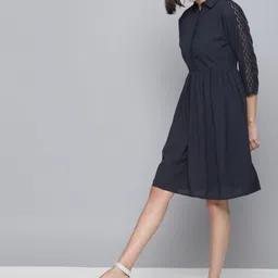 Tokyo Talkies Women Navy Blue Solid Fit and Flare Dress-picture-18