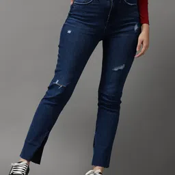 SHOWOFF Women Navy Blue Jean Slim Fit High-Rise Mildly Distressed Light Fade Stretchable Jeans-picture-22