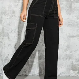 BROADSTAR Women Smart Wide Leg High-Rise Clean Look Stretchable Cargo Jeans-picture-28