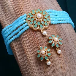Kennice Women Gold-Plated AD Studded & Turquoise Blue Beaded Jewellery Set-image-8