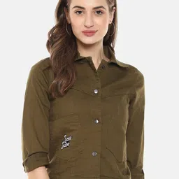 Campus Sutra Women Olive Green Windcheater Denim Jacket with Embroidered Detail-image-37