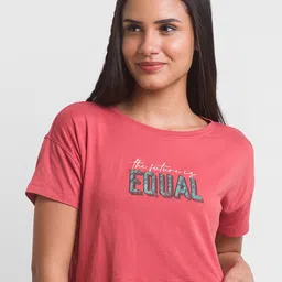 SPYKAR Women Brown Typography Printed Slim Fit Crop T-shirt-image-23