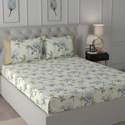 MASPAR Regency White & Blue Printed 144 TC Cotton Queen Bedsheet & 2 Pillow Covers-picture-22