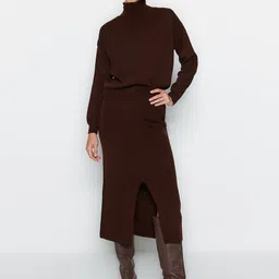 Trendyol Turtle-Neck Sweater With Slit-Front Straight Skirt Acrylic Co-Ords-image-57