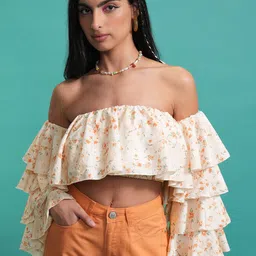 Tokyo Talkies Orange Floral Printed Off-Shoulder Flared Sleeve Bardot Crop Top-image-85