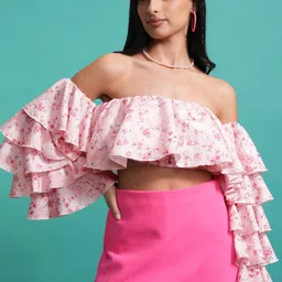Tokyo Talkies Floral Print Off-Shoulder Flared Sleeve Bardot Crop Top-image-78