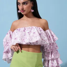 Tokyo Talkies Floral Print Off-Shoulder Flared Sleeve Bardot Crop Top-image-87