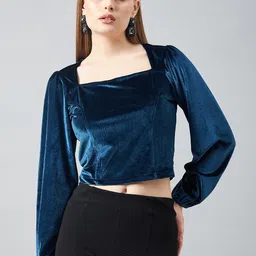 DELAN Puff Sleeve Velvet Crop Top-image-13
