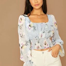 Stylecast X Slyck Floral Printed Square Neck Smocked Bell Sleeves Crop Top-picture-39