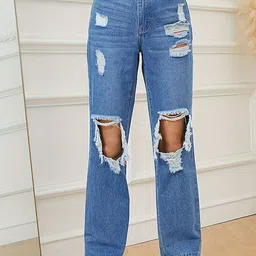 LULU & SKY Women Straight Fit High-Rise Mildly Distressed Light Fade Stretchable Jeans image 1