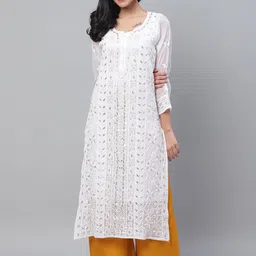 ADA Women White & Gold-Toned Chikankari Embroidered Sustainable GotaPatti Kurta With Slip-picture-36