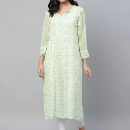 ADA Women Green & White Chikankari Embroidered Straight Kurta With Slip-picture-30