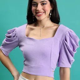 Tokyo Talkies Purple Sweetheart Neck Puffed Sleeves Cut Out Crop Top-picture-16