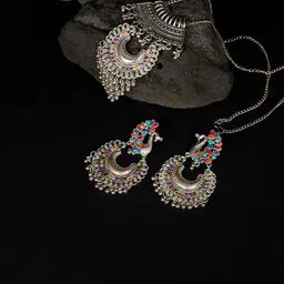 Oxidized Heaven Sterling Silver-Plated Stone Studded & Beaded Jewellery Set-picture-30