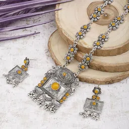 DEGHLAM Silver Plated Artificial Stones & Beads Studded Necklace With Earrings-picture-26