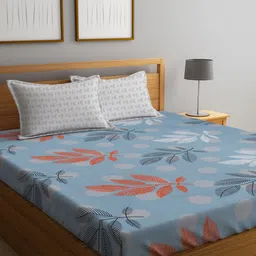 KLOTTHE Blue Floral 300 TC King Bedsheet with 2 Pillow Covers-image-11