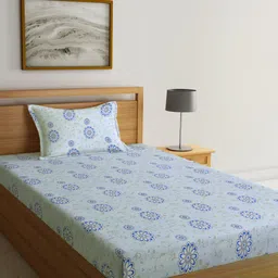 KLOTTHE Book Fold Blue & Grey Floral-Printed 300TC Single Bedsheet With 1 Pillow Cover-image-70