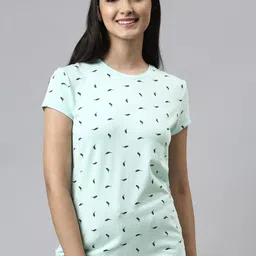 Enamor Women Turquoise Blue Printed Slim Fit Cotton Lounge T-shirts-image-27