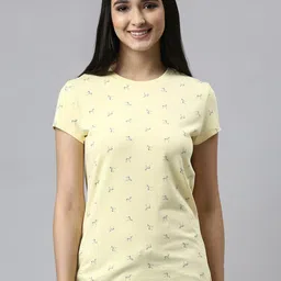 Enamor Women Yellow Printed Cotton Slim-Fit Lounge Tshirts-image-34