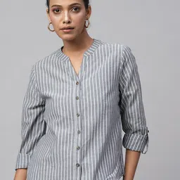 Chemistry Striped Mandarin Collar Roll-Up Sleeves Shirt Style Top-picture-38