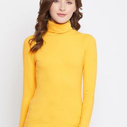 Hypernation Women Yellow High Neck Slim Fit Cotton T-shirt-picture-42