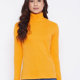Hypernation Women Yellow High Neck Slim Fit Pure Cotton T-shirt-picture-44