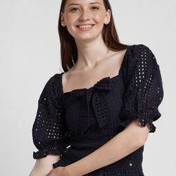 SPYKAR Sweetheart Neck Puff Sleeves Schiffli Cotton Top-picture-3