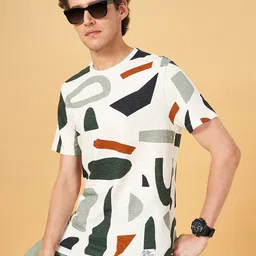 People Grey & Black Abstract Printed Round Neck Cotton Slim Fit Casual T-shirt-image-85