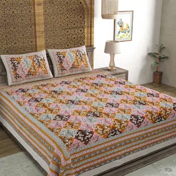 Sangria  Brown & White Floral Printed Cotton 210 TC King Bedsheet With 2 Pillow Covers-picture-30