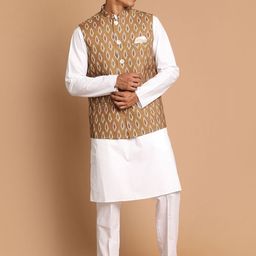 VASTRAMAY Mandarin Collar Straight Pure Cotton Kurta with Trousers & Printed Nehru Jacket-picture-26