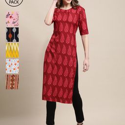 7threads KALINI Women Red And White Ethnic Motifs Printed Summer Sheers Crepe Kurta PACK OF 6-picture-3